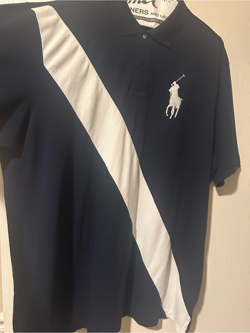 Ralph Lauren Navy Polo with White Diagonal Stripe and Pony Logo